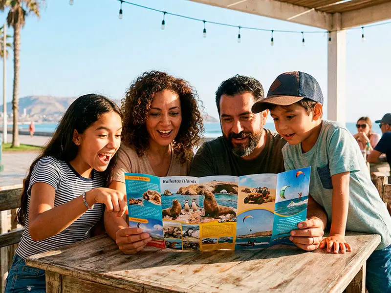 Una familia mira con expresión de sorpresa natural un folleto turístico que muestra la gran variedad de actividades para hacer en Paracas, sentados en un café.