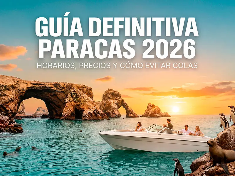 Vista panorámica de las Islas Ballestas al amanecer con deslizador turístico privado y fauna marina. Portada de la Guía Definitiva de turismo en Paracas 2026.