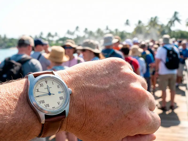 Primer plano de una mano mirando la hora en un reloj, con una larga fila de turistas borrosa de fondo esperando en el muelle de Paracas.