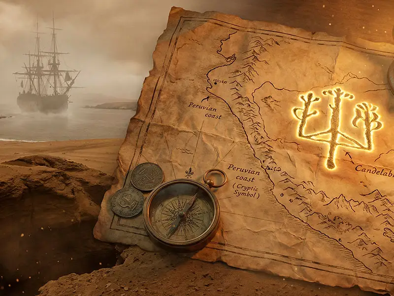 Ilustración conceptual de un mapa antiguo superpuesto a la costa de Paracas y el Candelabro, estilo búsqueda del tesoro.