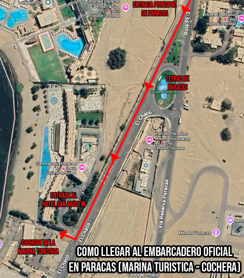 Mapa de ruta para llegar a la Marina Turística de Paracas desde la entrada principal, destacando la ubicación del estacionamiento y el muelle de embarque VIP.