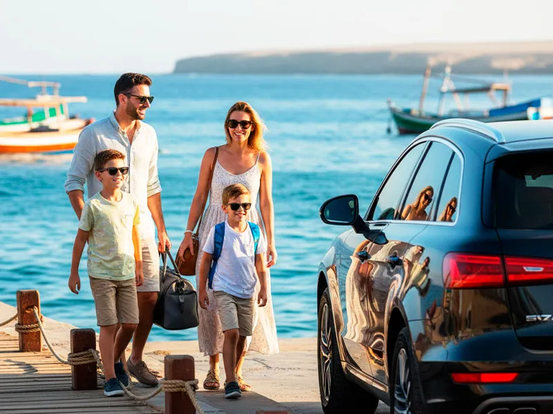 Familia llegando en su propio vehículo al muelle de Paracas para iniciar el tour a las Islas Ballestas sin colas.