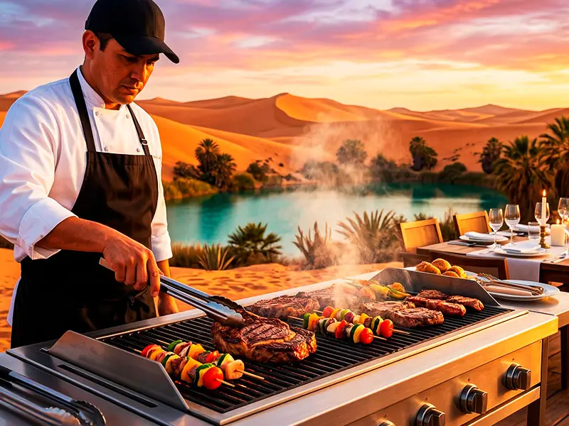 Chef privado preparando parrilla de lujo frente al Oasis Costa Rica en el desierto de Paracas