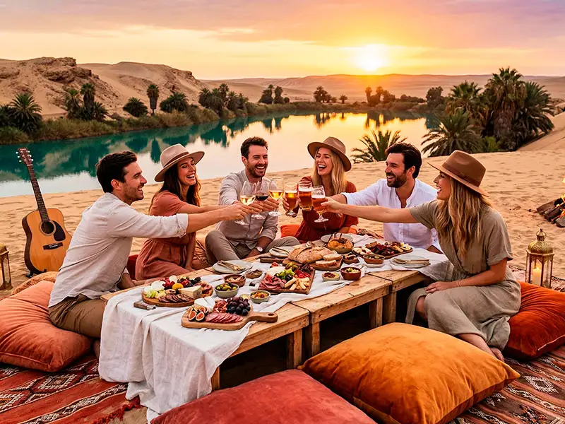 Grupo de amigos disfrutando de un brindis de lujo con catering gourmet frente al Oasis Costa Rica en Paracas