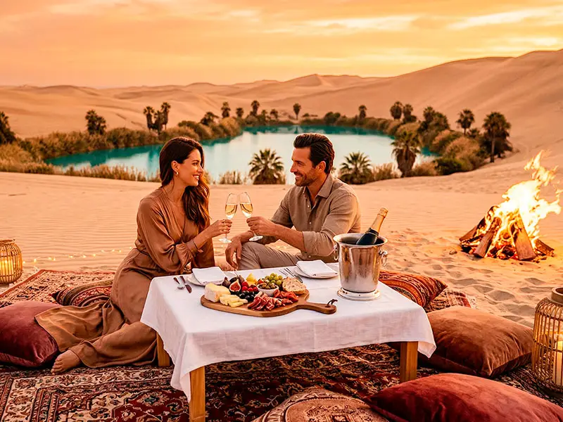 Pareja elegante brindando con champagne frente al Oasis Costa Rica al atardecer en el desierto de California Paracas