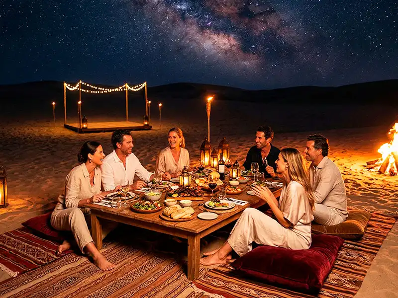 Cena privada de lujo frente al Oasis Costa Rica al atardecer en el desierto de Paracas