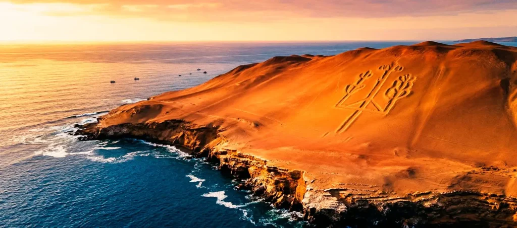 Vista panorámica del geoglifo El Candelabro frente al mar en la Bahía de Paracas durante el tour VIP.