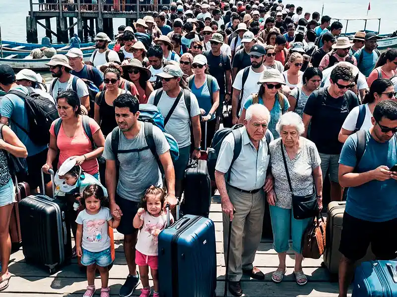 Multitud turistas muelle Paracas Semana Santa 2026 - Caos colas feriado largo abril Islas Ballestas