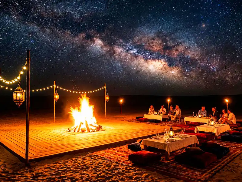 Campamento de gala nocturno con fogata, tarima de baile y lounge de lujo bajo la Vía Láctea en el desierto de Paracas