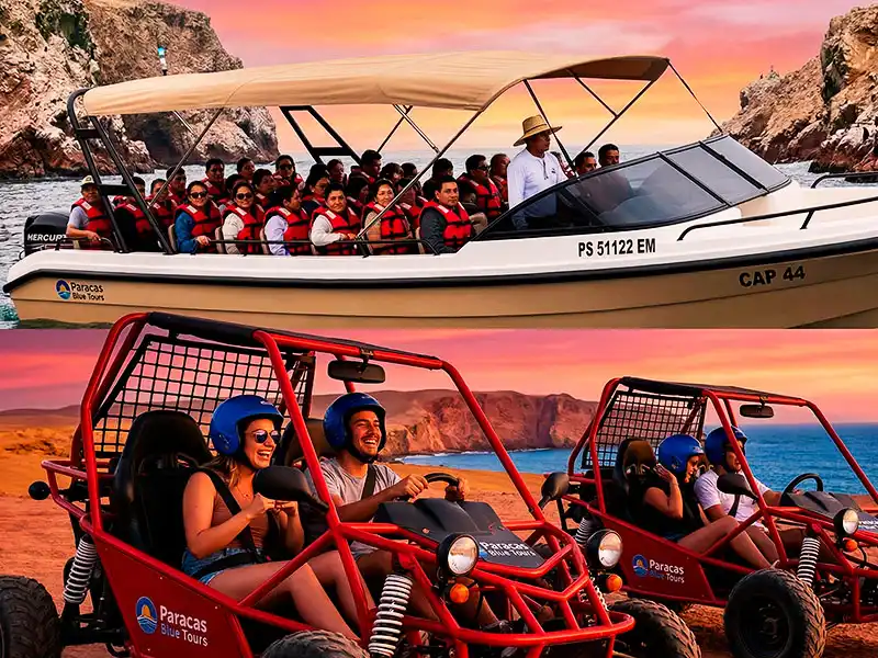 Imagen promocional de alto impacto para Paracas Blue Tours, simulando una captura de Google Pixel 8 Pro, que muestra una fusión orgánica de dos experiencias en Paracas: la embarcación específica con toldo beige y matrícula CAP 44 navegando cerca de las Islas Ballestas con fauna y pasajeros en chalecos rojos; y una pareja manejando el buggy tubular rojo específico en Playa Roja al atardecer, unificados por el mismo cielo dorado.