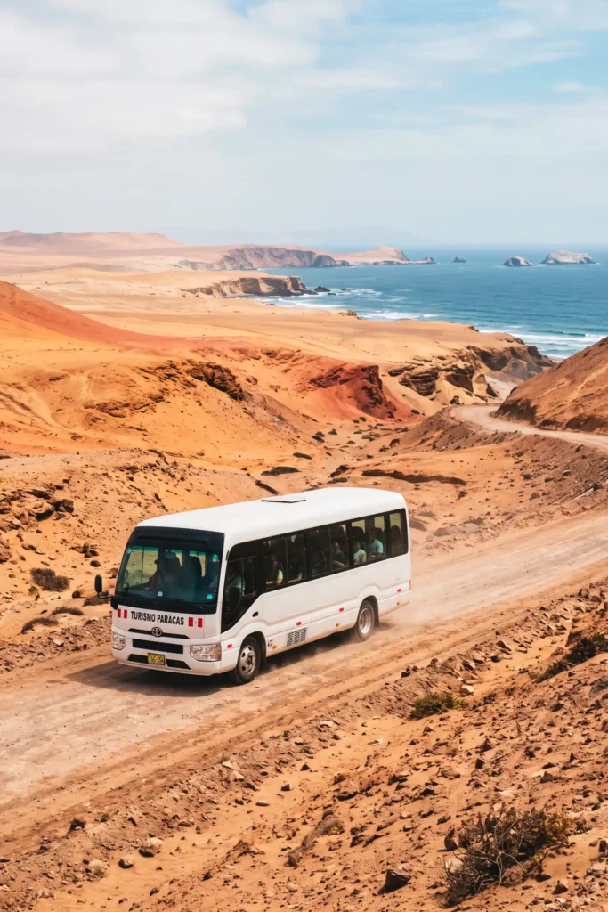 Bus turístico recorriendo el desierto de la Reserva Nacional de Paracas durante un Full Day