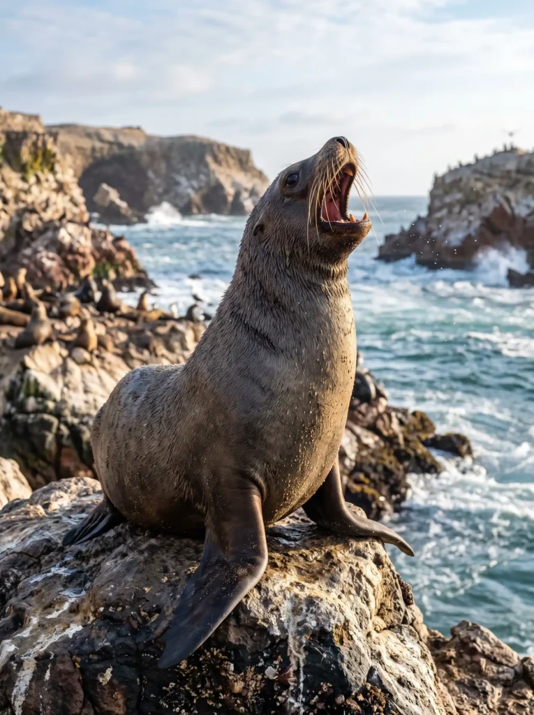 Lobo marino sobre una roca de las Islas Ballestas en Paracas, rugiendo frente al océano Pacífico