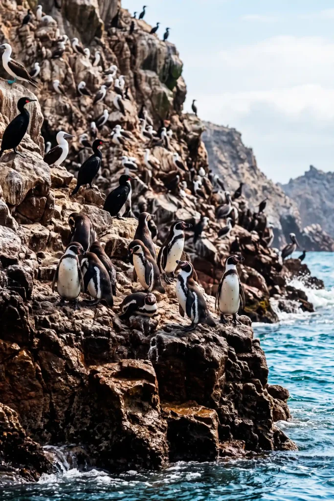 Pingüinos de Humboldt y aves marinas sobre las rocas de las Islas Ballestas en Paracas